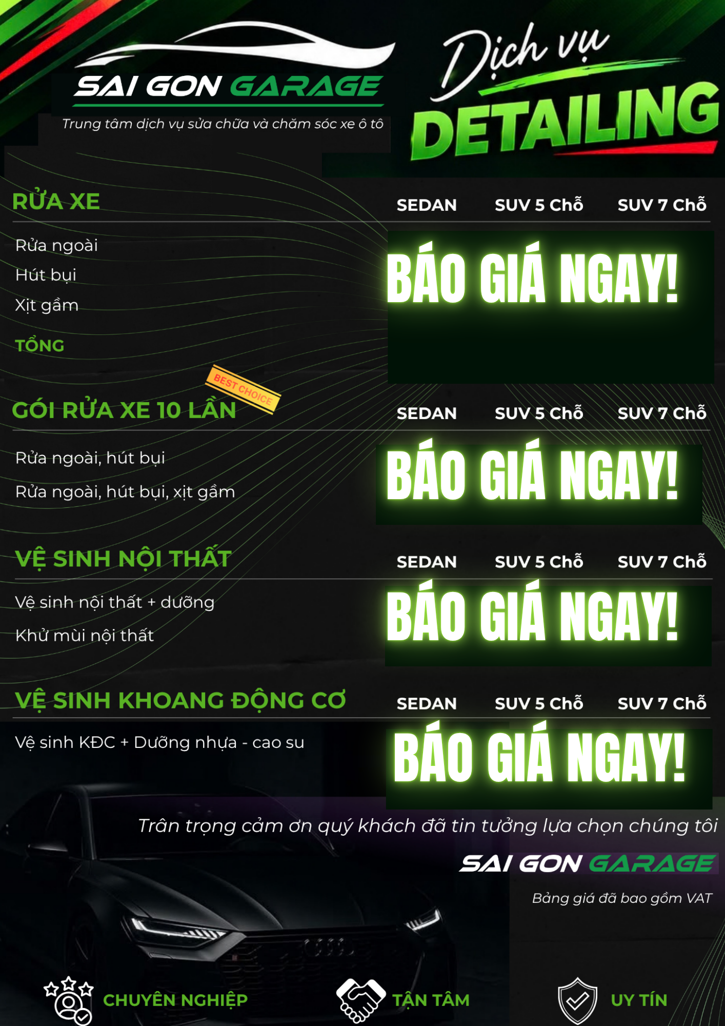 Bảng Giá Rửa Xe & Chăm Sóc Nội Thất